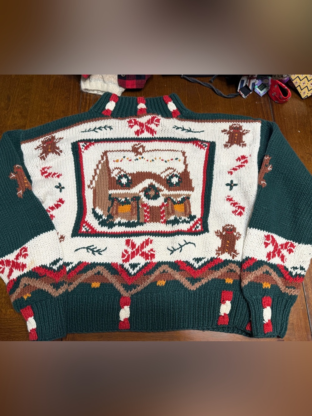 Vtg Woolrich Ugly Christmas Sweater HandKnit Gingerbread House Candy Cane Winter